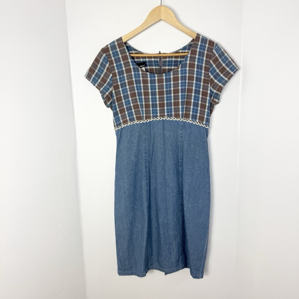 Vtg 90s My Michelle Womens Plaid Denim Daisy Blue Dress 7/8 Cottage Indie Casual